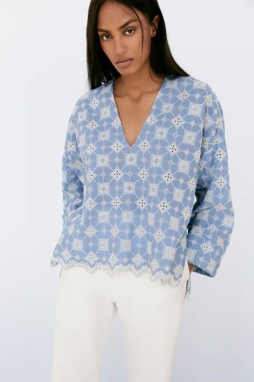 Zara Women's Blue Eyelet Long Sleeve Top Size S